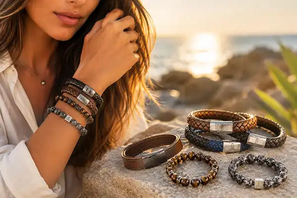 Hugo Valcke best seller armbanden van leer en natuursteen stijlvol gedragen