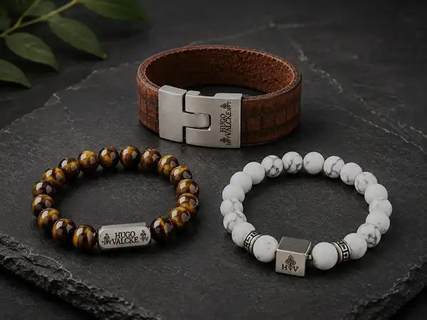 Hugo Valcke armbanden voor dames en heren van leer en natuursteen