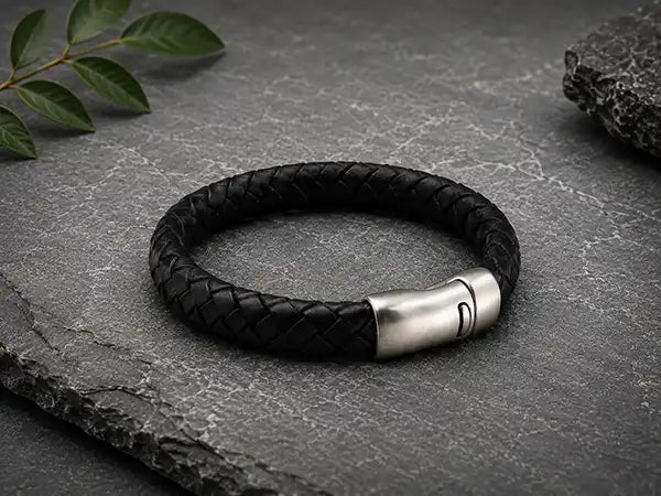 Zwarte gevlochten leren herenarmband met zilverkleurige roestvrijstalen sluiting, stijlvol gepresenteerd op een donkergrijze stenen ondergrond.
