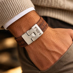 Hugo Valcke Brown brede bruine leren herenarmband van 20 mm met vintage afwerking en zilverkleurige metalen sluiting