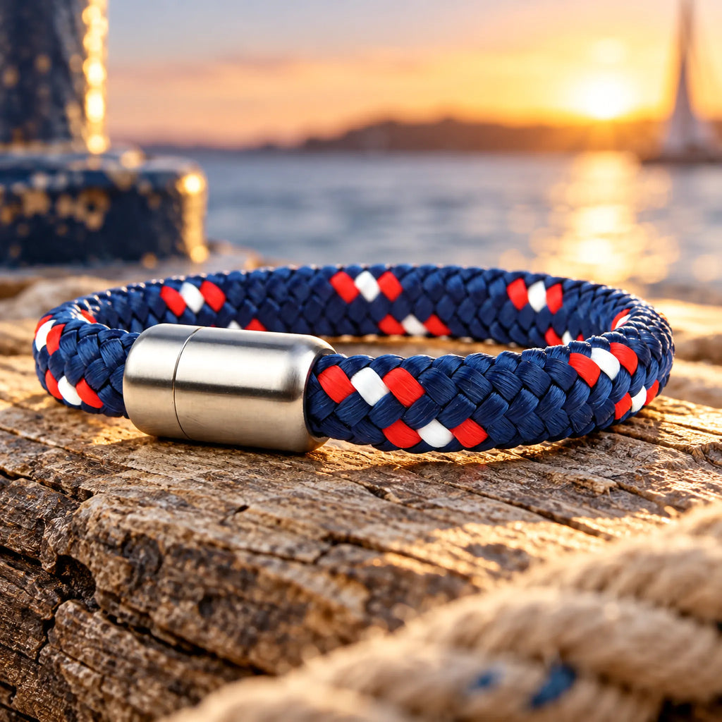 Blauwe gevlochten Badboyz paracord armband met rood-witte accente