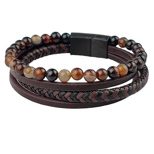 Dario Leather Brown kralen Armband met zwart sluiting