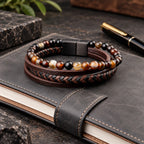Dario Leather Brown kralen Armband met zwart sluiting