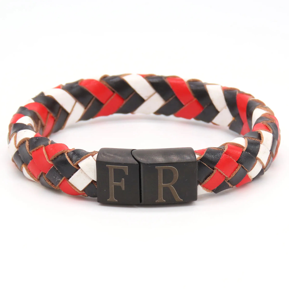 Leren armband zwart-wit-rood met RVS sluiting en FR-gravure