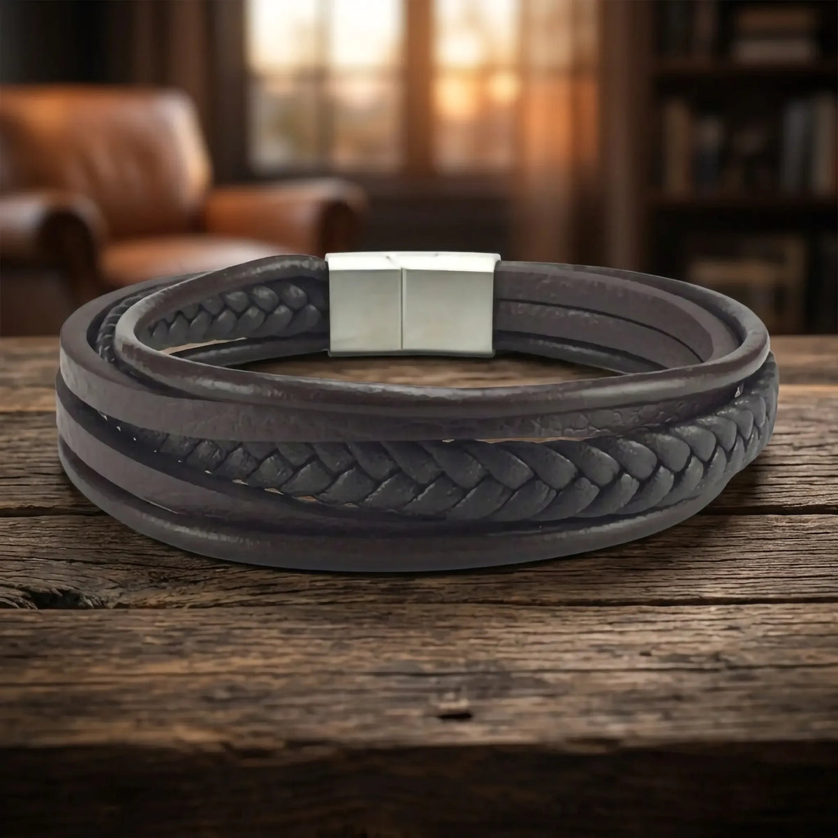 Bruine leren armband met platte en gedraaide leren delen