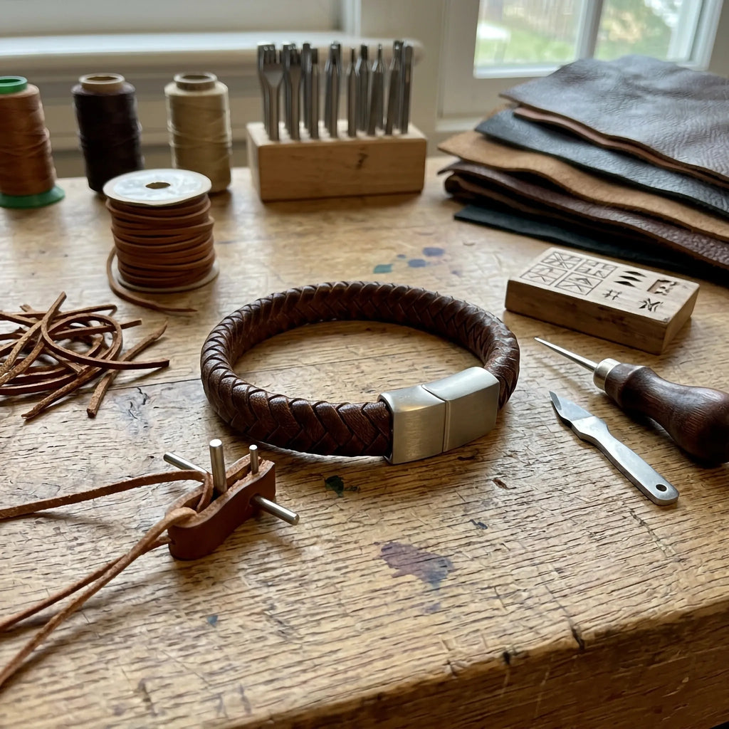 Bruine Gevlochten Leren Armband met Gravure – 12 mm