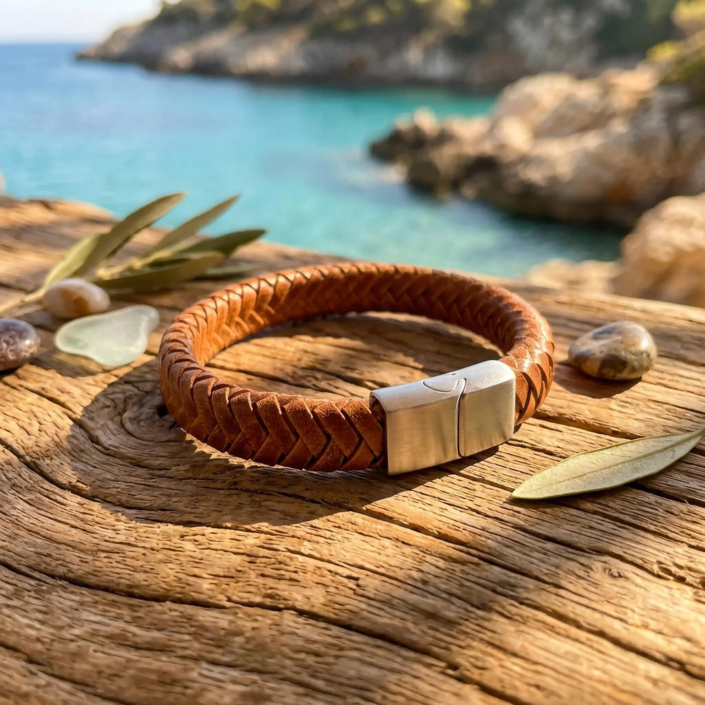 Gevlochten Armband licht bruin gravure mogelijk (±12mm)