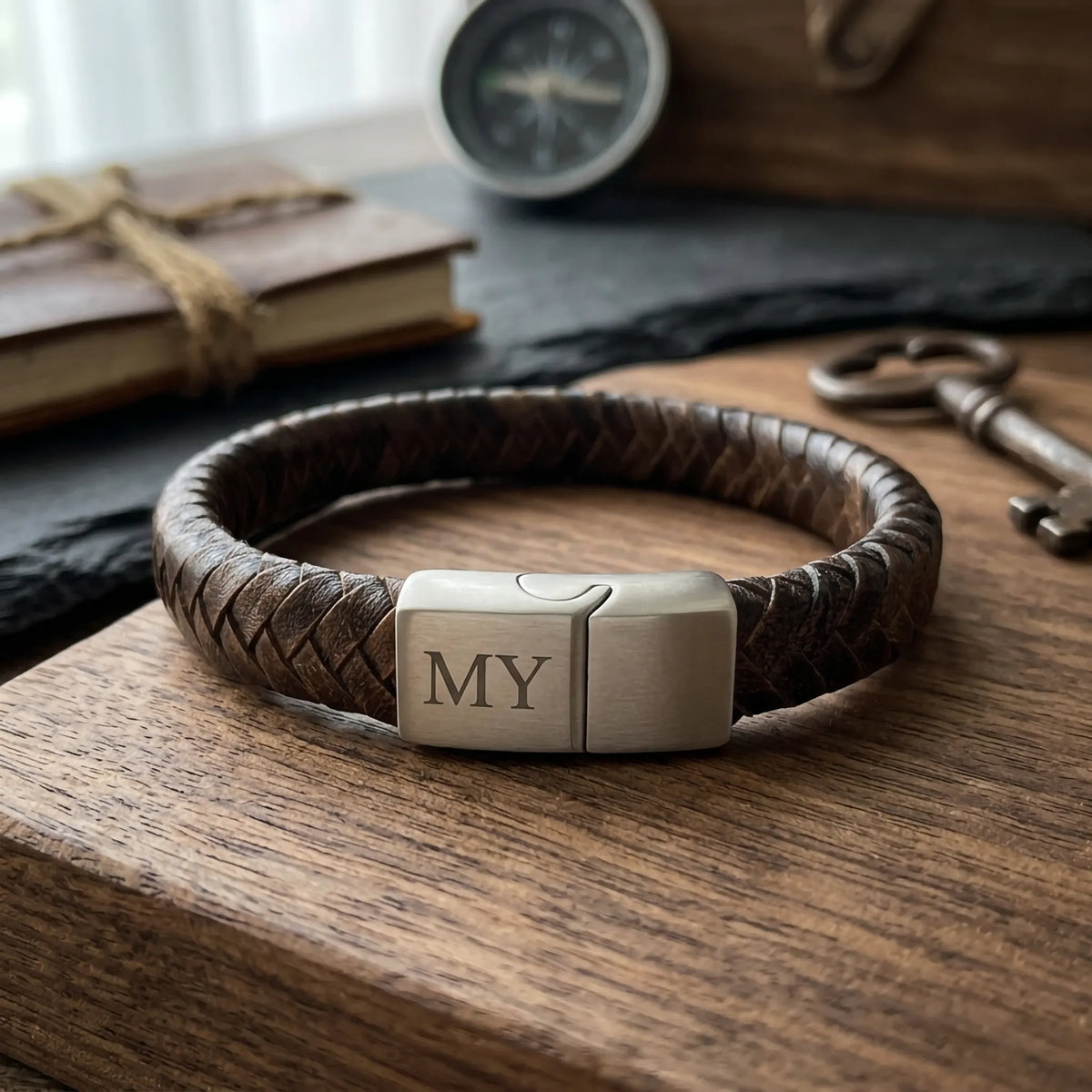 Vintage Bruine Gevlochten Leren Armband met Gravure mogelijk