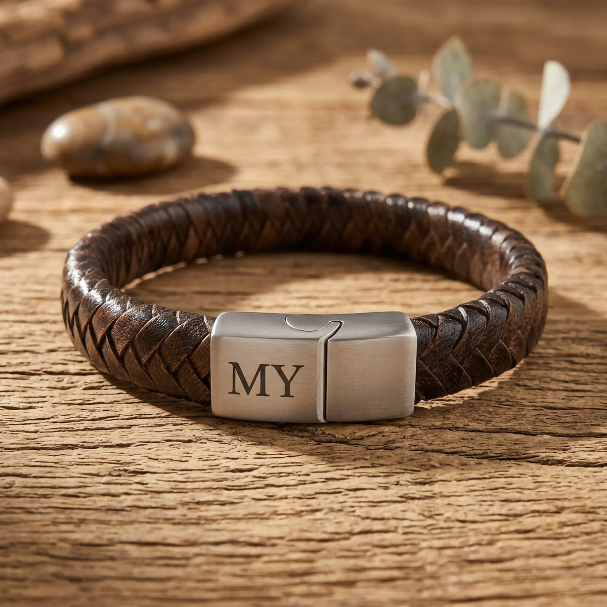 Vintage Bruine Gevlochten Leren Armband met Gravure mogelijk