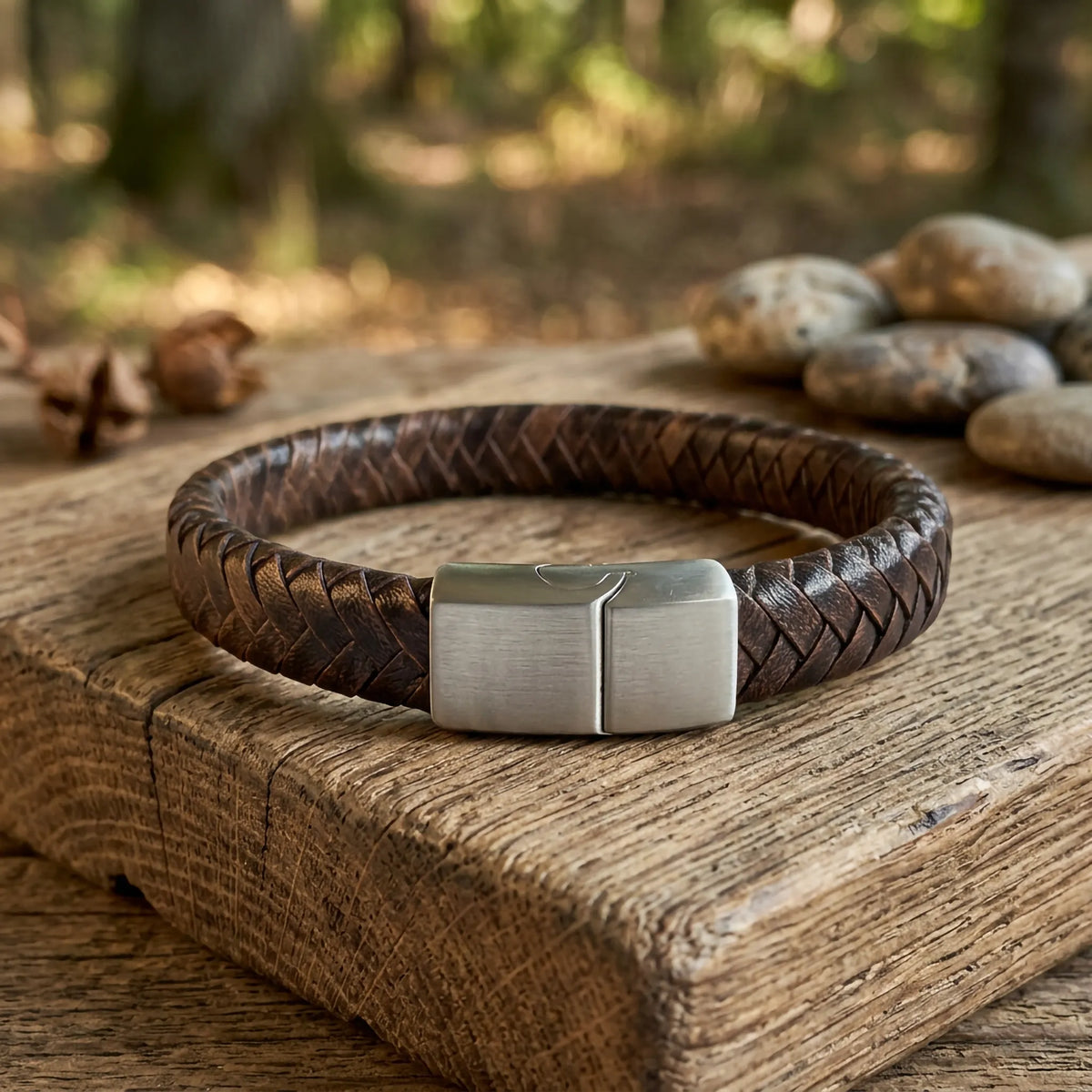 Vintage Bruine Gevlochten Leren Armband met Gravure mogelijk