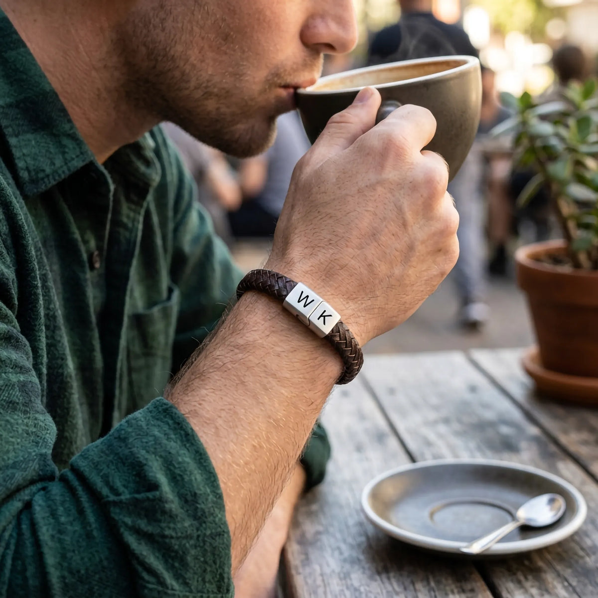 Vintage bruine gevlochten leren armband met graveermogelijkheid