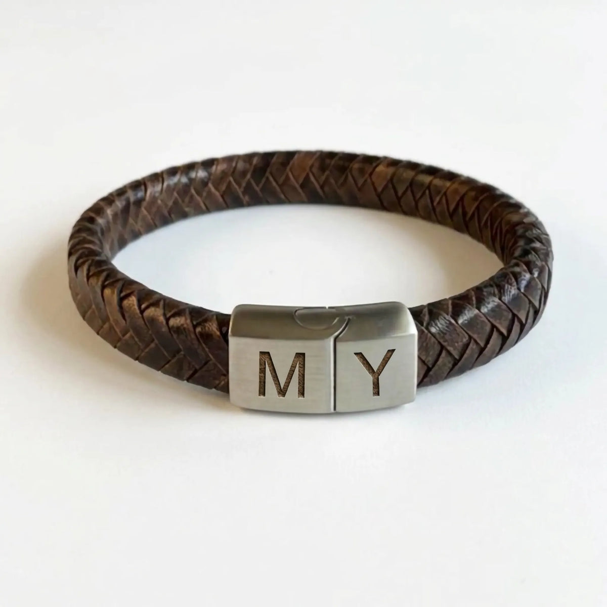 Vintage Bruine Gevlochten Leren Armband met Gravure mogelijk