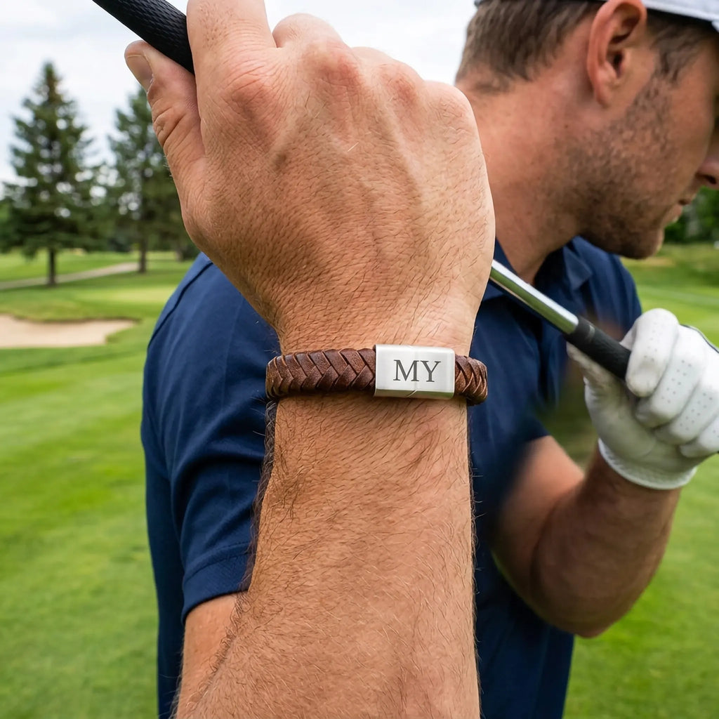 Bordeauxrode Gevlochten Leren Armband met Gravure