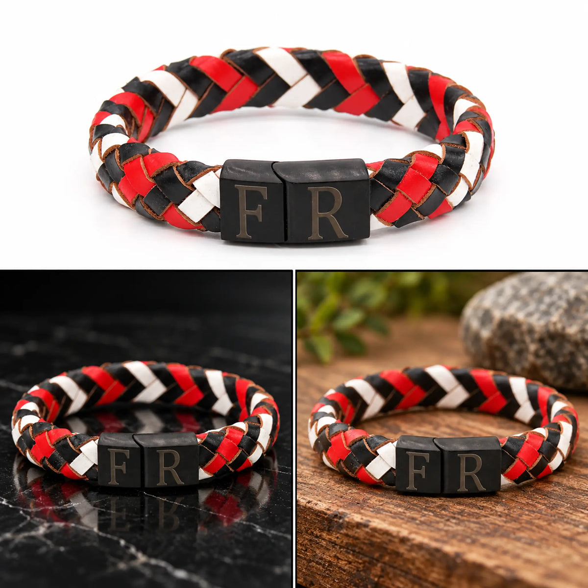 Leren armband zwart-wit-rood met RVS sluiting en FR-gravure