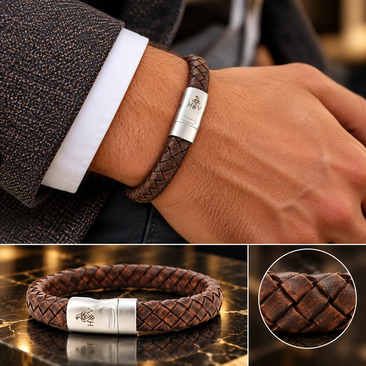 Hugo Valcke bruine gevlochten leren herenarmband met vintage afwerking en robuuste zilverkleurige metalen sluiting