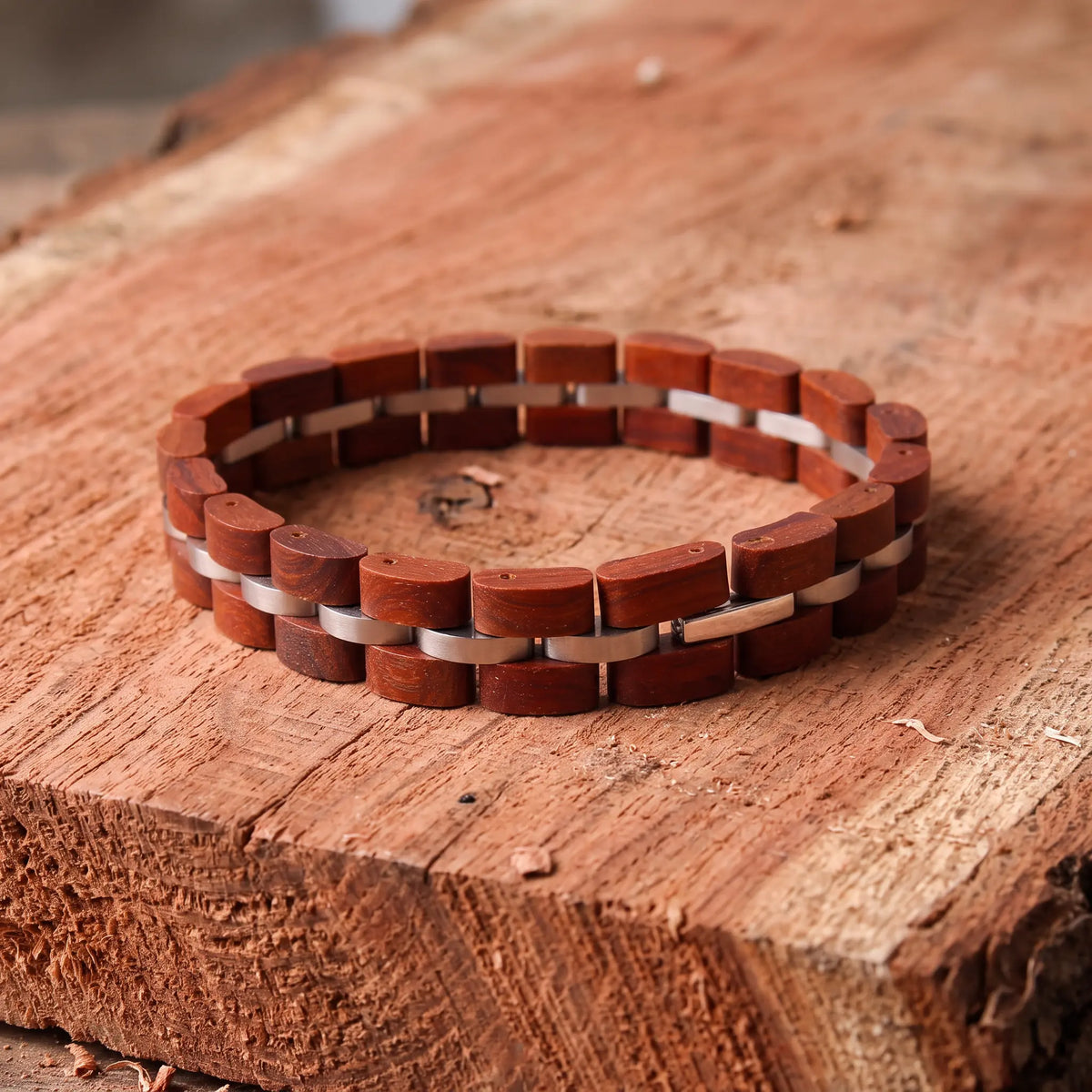 Heren Armband Redwood Hout & Roestvrij Staal – 12mm Brede Armband