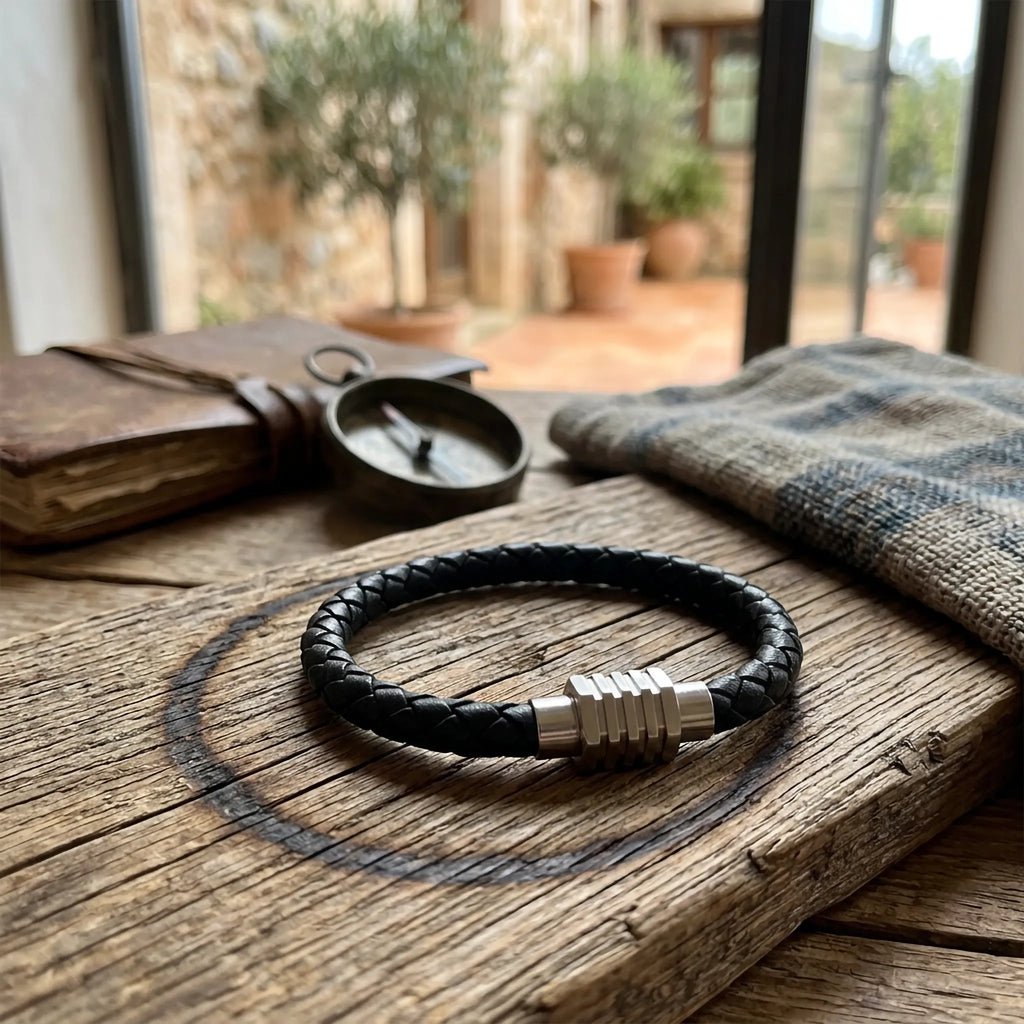Zwarte rondgevlochten leren armband