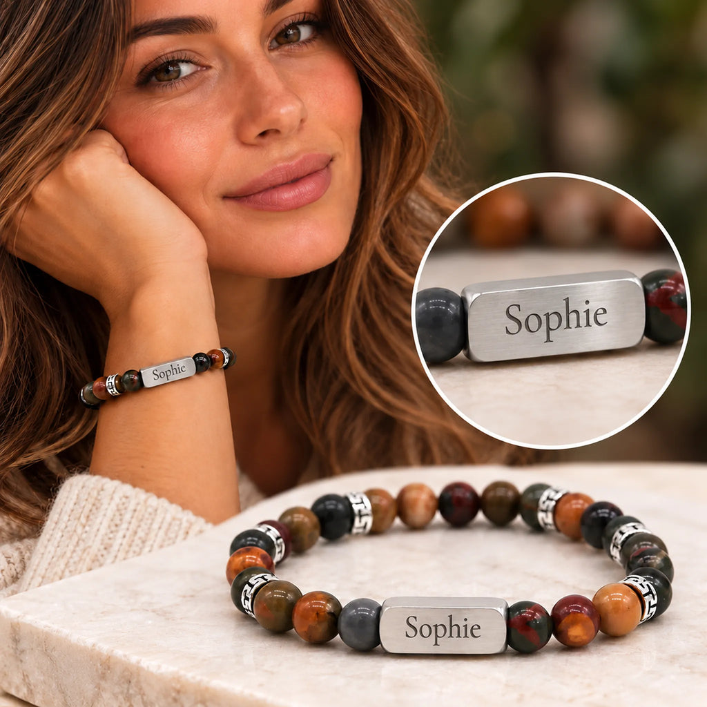 Autumn natuurstenen kralenarmband met graveermogelijkheid