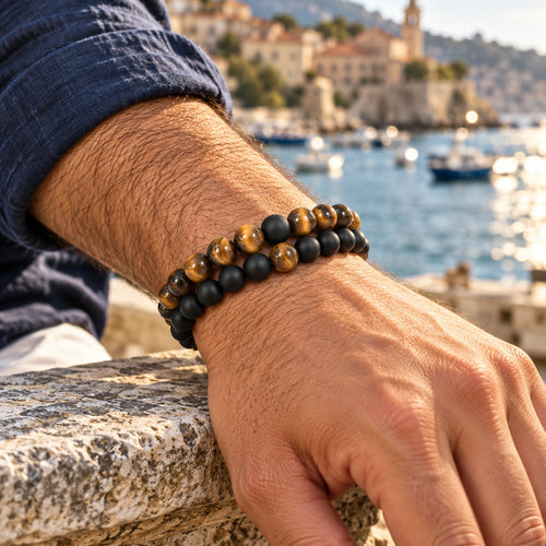 Armbandenset met agaat en rode tijgeroog kralen van 8 mm