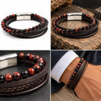Dario Leather Red Tiger leren herenarmband met roodbruine kralen, zwarte gevlochten leren banden en zilverkleurige RVS sluiting