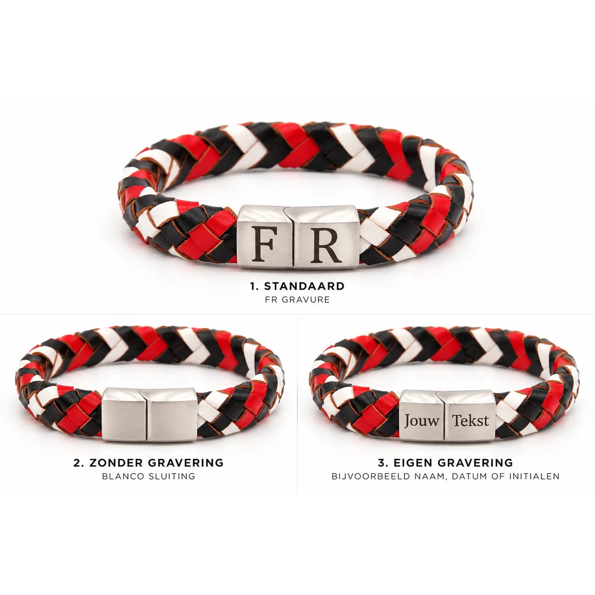 Leren armband zwart-wit-rood met zilver sluiting ‘FR’-gravure (geïnspireerd op clubkleuren)