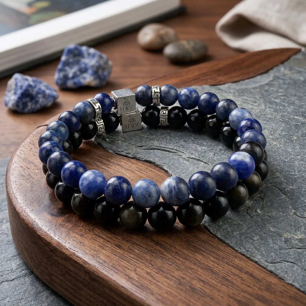 ugo Valcke heren armbandenset met Blue Sodalite en Gold Obsidian