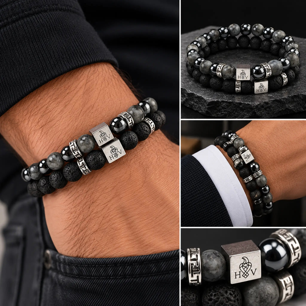 Armbandenset met lavasteen, labradoriet en hematiet